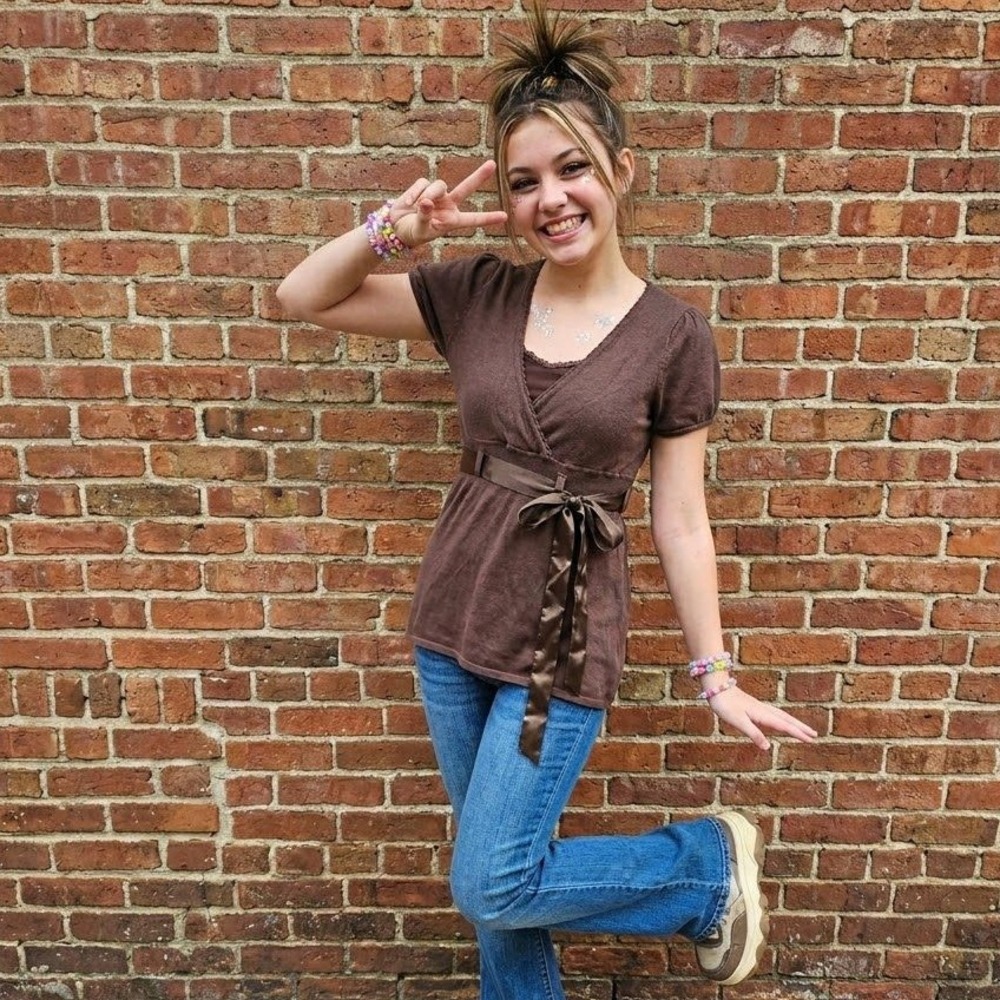 Suzy Shier Y2K Babydoll Top Womens Large Brown Satin Tie Belt Bella Swan Earthy